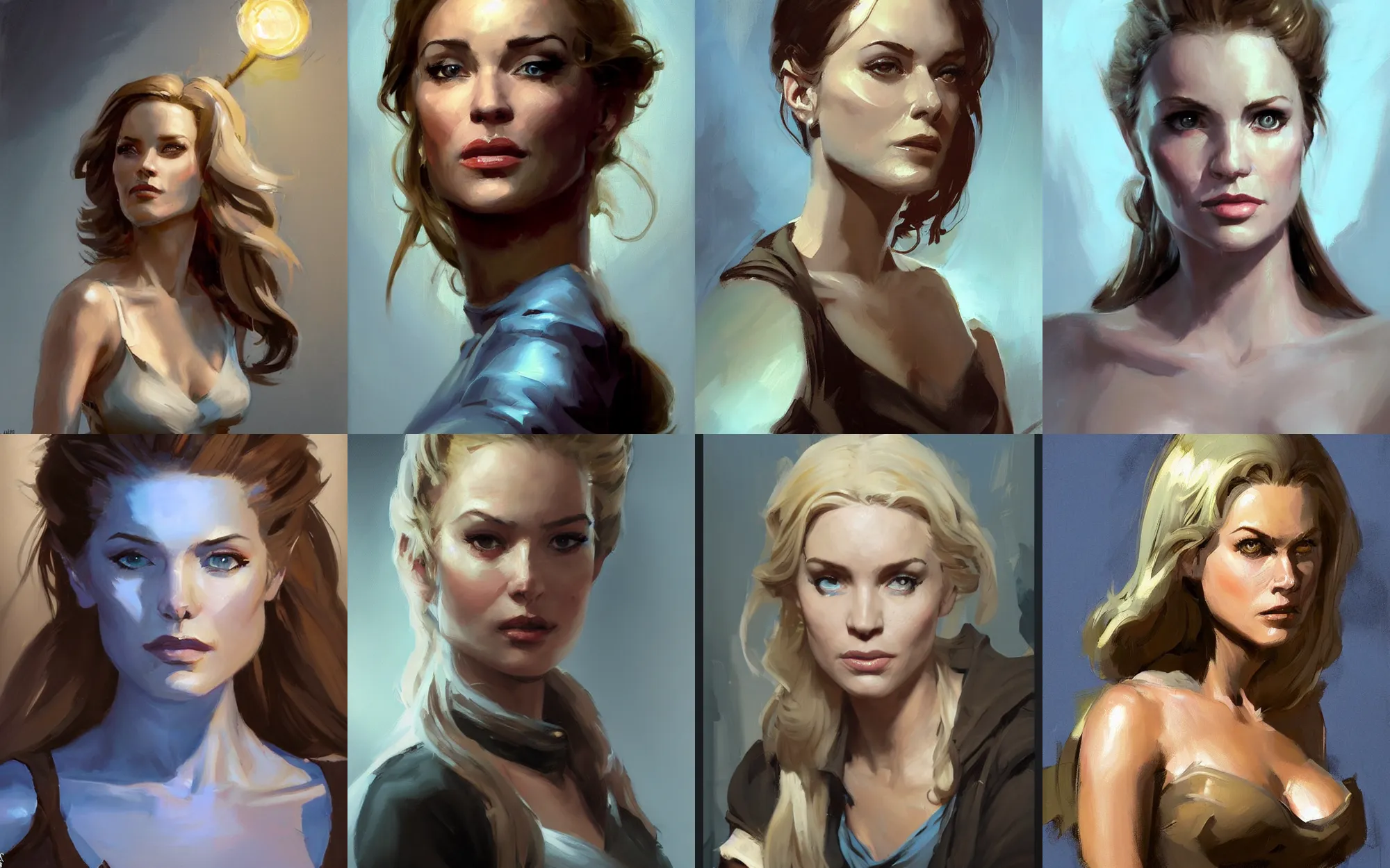 Prompt: greg manchess portrait of hollywood actress, painting, d & d, fantasy, medium shot, asymmetrical, intricate, elegant, matte painting, illustration, hearthstone, by greg rutkowski, by greg tocchini, by james gilleard, by joe fenton, dynamic lighting, gradient light blue, brown, blonde cream and white color scheme, grunge aesthetic