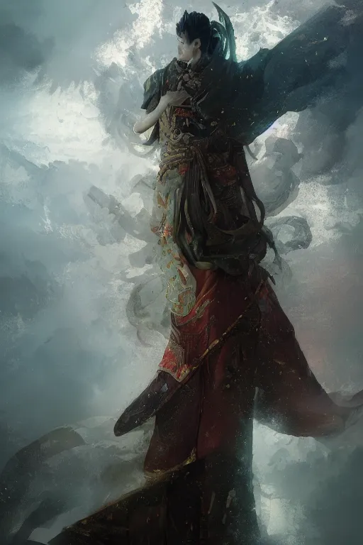 Image similar to Japanese god, portrait, powerfull, intricate, elegant, volumetric lighting, scenery, digital painting, highly detailed, artstation, sharp focus, illustration, concept art, ruan jia, steve mccurry