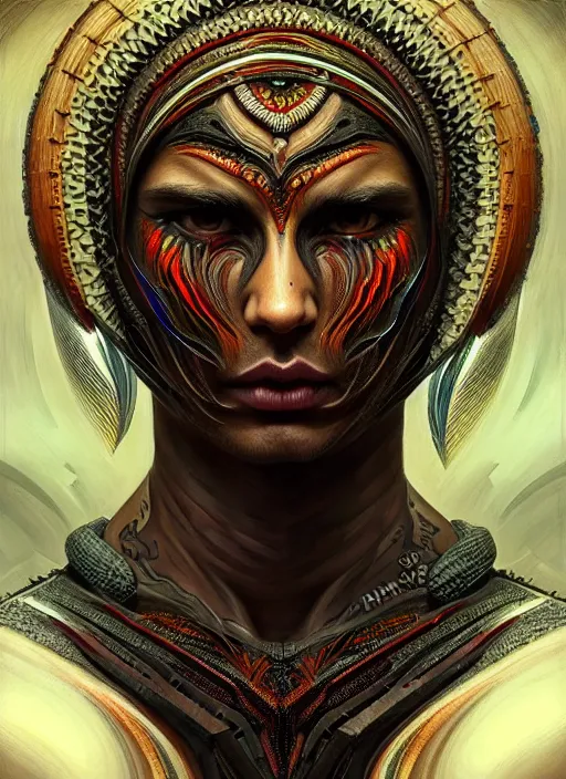 Image similar to hyper detailed ultra sharp earth tribal gothic warrior trance man portrait, trending on artstation, warpaint tattoo aesthetic, earthwave, colorful, psychedelic, ornate, intricate, digital painting, concept art, smooth, sharp focus, illustration, art by artgerm, edmund leighton, greg rutkowski, h. r. giger, 8 k