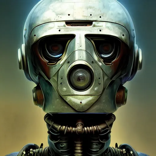 Image similar to a expressive portrait of masked diesel punk robot in dramatic lighting, depth of field background, artstation, award - winning realistic sci - fi concept art by jim burns and greg rutkowski, beksinski, a realism masterpiece, expressive color palette, james gilleard, bruegel, alphonse mucha, and yoshitaka amano