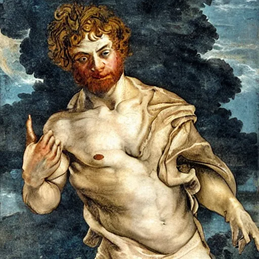 Prompt: detailed by pietro da cortona, by art fitzpatrick, by kelly freas pride & prejudice. body art. a man with a large head & a small body is floating in the air, his arms & legs flailing. his clothes are tattered & he has a wild look in his eyes.