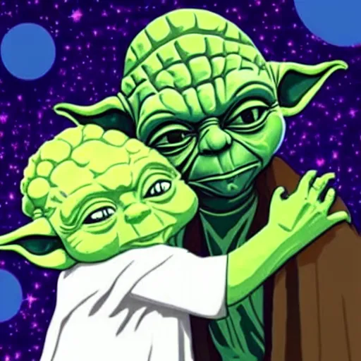 Image similar to yoda and obama kissing under the night sky