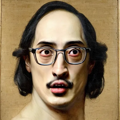 Image similar to A 17th century Baroque Painting of Filthy Frank, grainy, realistic, hyperrealistic, very realistic, very very realistic, highly detailed, very detailed, extremely detailed, detailed, digital art, trending on artstation, detailed face, very detailed face, very detailed face, realism, HD Quality, 8k resolution, intricate details, body and head in frame, painting, oil painting, trending on deviantart, Baroque Painting