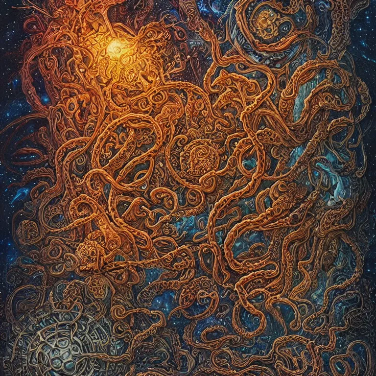 Prompt: a intricate mandala of skulls and flesh and bone with deep and intricate rune carvings and weaving lovecraftian tentacles emerging from a space nebula by dan mumford, twirling smoke trails, a twisting vortex of dying galaxies, collapsing stars, digital art, photorealistic, vivid colors, highly detailed, intricate