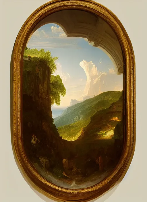 Image similar to a thomas cole painting of a hallway with round arches decorated by wes anderson