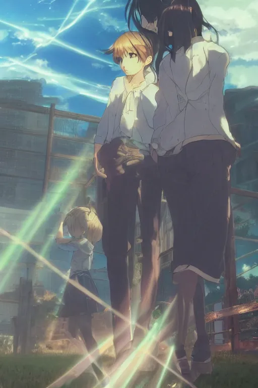 Image similar to Cute girls by Akihiko Yoshida and Makoto Shinkai, with backdrop of god rays