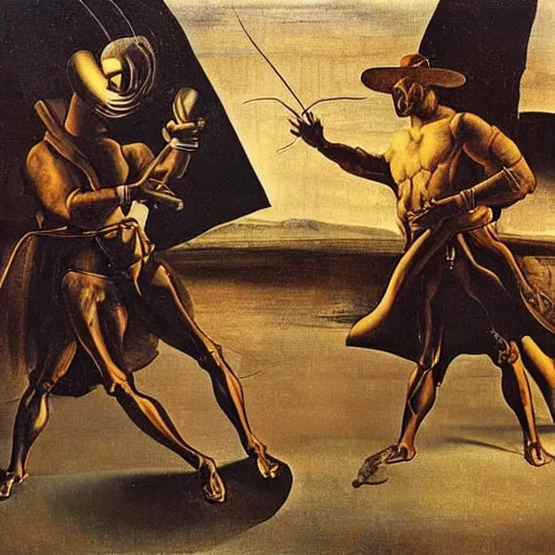 Image similar to duel between Salvador Dali and Leonardo Davinci