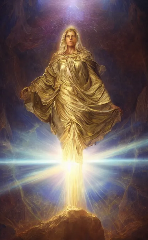 Image similar to crossing over the spiritual veil to heaven, sharp focus, intricate, elegant, digital painting, artstation, matte, highly detailed, concept art, illustration, volumetric lighting, gold and blue and pink color scheme, bokeh light, art by greg olsen, arnold friberg, and liz lemon swindle