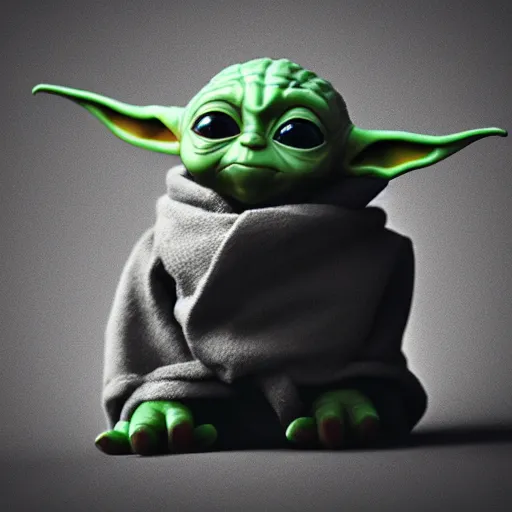 Image similar to profile shot of Baby Yoda with black background, strong bokeh, dramatic, cinematic, high contrast, octane render, 4k