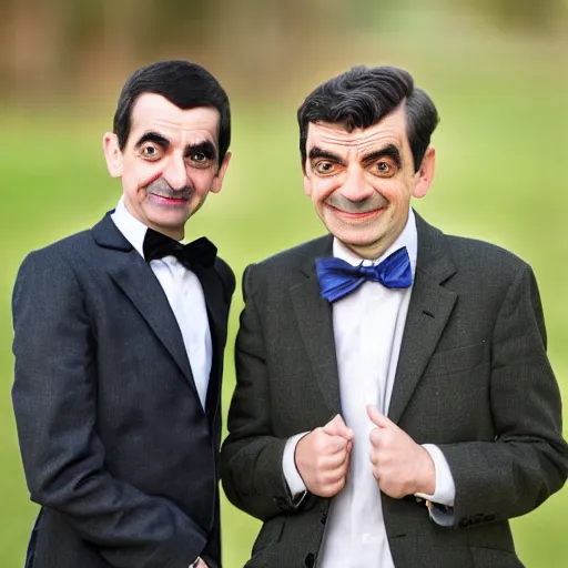 Image similar to A portrait mr bean teams up with a teenage mr bean, perfect faces, 50 mm, award winning photography