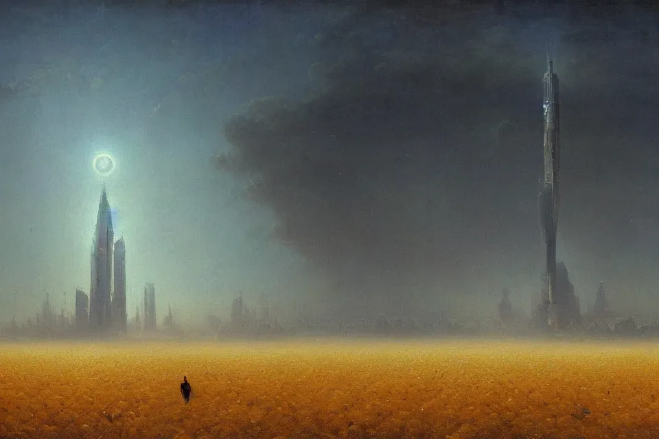 Prompt: sci-fi painting of a very large alien city, skyscraper, on the vast wheat fields, only one humanoid robot on the ground, by Ivan Aivazovsky, godrays, detailed
