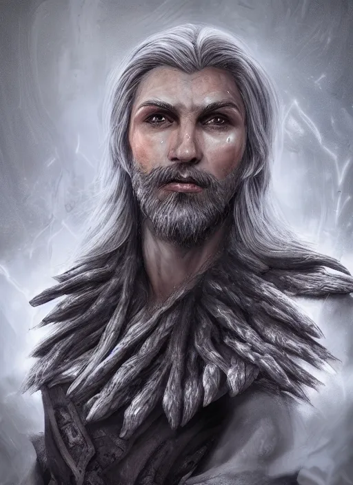 Image similar to an epic fantastic realism comic book style portrait painting of an aasimar warlock, male, shaggy silver hair, short brown beard, d & d concept art, unreal 5, daz, petrol aesthetic, octane render, cosplay, rpg portrait, dynamic lighting