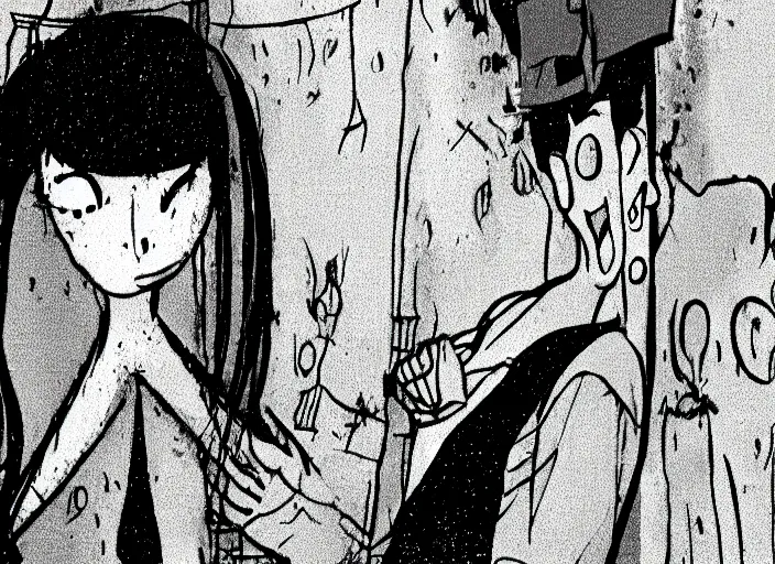 Image similar to still from animated horror movie, animated movie shot, love in denial