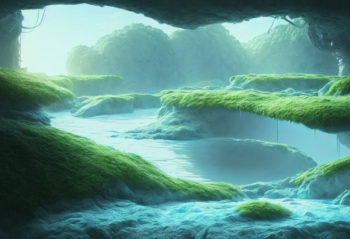 Image similar to inside of alien river summer pastel colored landscape of human mind and imagination, matte painting, beautiful render, octane render, concept art