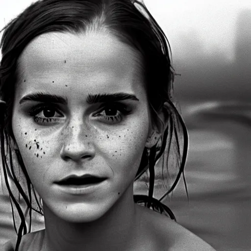 Image similar to film still, close up, emma watson rising out of muddy vietnam river, face covered in mud, low camera angle at water level, night time, film still from apocalypse now ( 1 9 7 9 ), 2 6 mm