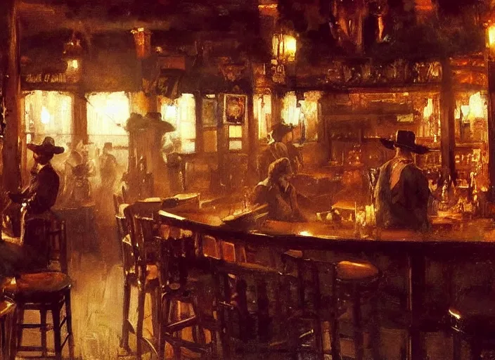 Prompt: oil painting of western saloon bar, wild west, dimly light, dust, art by anders zorn, wonderful masterpiece by greg rutkowski, beautiful cinematic light, american romanticism by greg manchess, creation by tyler edlin