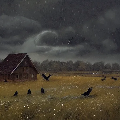 Prompt: A field full of crows, thousands of crows, a single wooden house nearby, stormy weather, dark sky, art by greg rutkowski, trending on artstation.