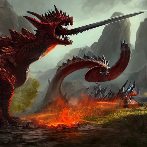 Prompt: rathalos attacking and hunters with a big sword, d & d fire, elegant, highly detailed, hunters, trending on artstation, digital painting, monster hunter, unreal engine