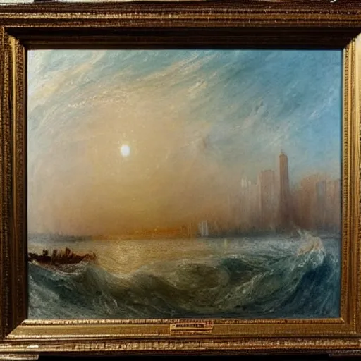 Prompt: high quality oil painting by j. m. w. turner, hudson river with manhattan skyline