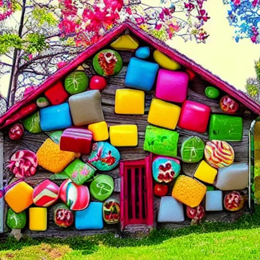 Prompt: an old house made of candies