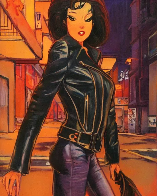 Image similar to young female protagonist in leather jacket, city street, artwork by ralph bakshi