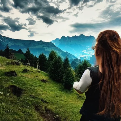 Prompt: a beautiful photograph of a girl with switzerland landscape in the background with trees, hdr, 8 k, high quality, sharp focus, artstation, highly detailed, award - winning, dramatic lighting, beautiful clouds, and nature, digital art