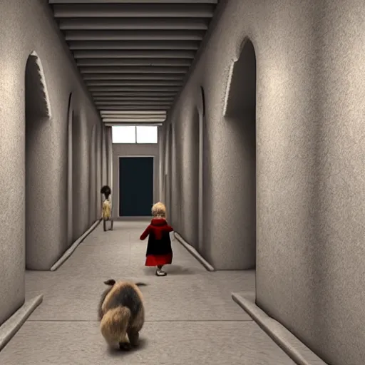 Prompt: a photorealistic corridor with real children attached to the walls and a sad donkey walking toward the camera