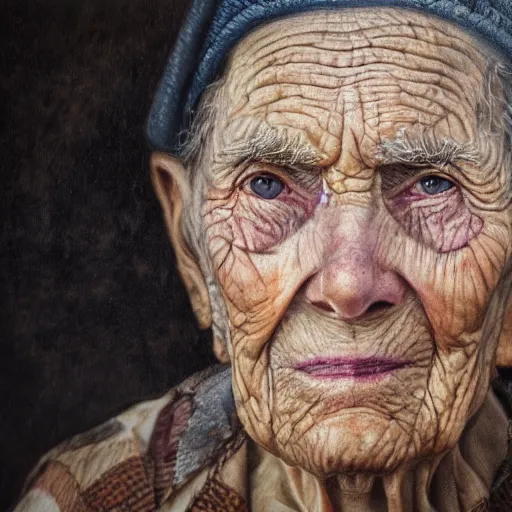 Image similar to portrait painting of the oldest person ever, garden, photorealistic, extreme detail, sharp focus, 8 k, intricate, hyper detailed, realistic, cinematic lighting