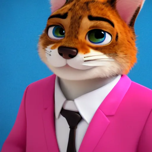 Prompt: portrait, 3d render , anthropomorphic cat, wearing a Pink tux, in the style of Zootopia