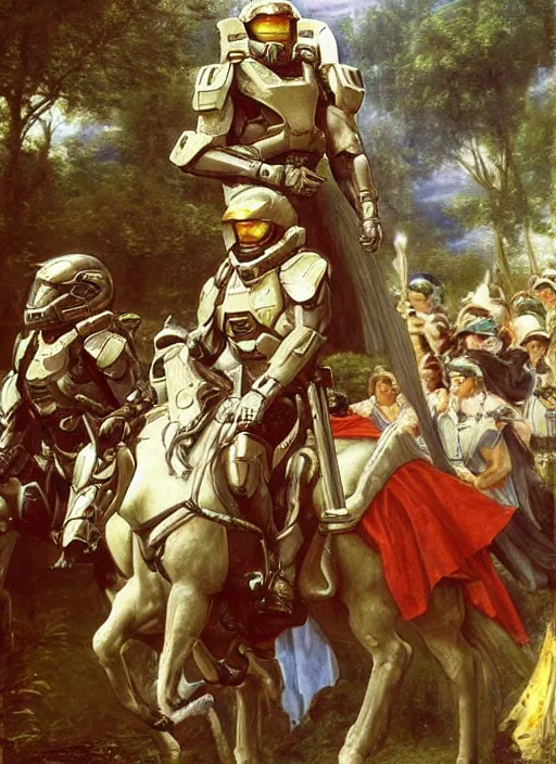 Image similar to halo master chief in a medieval royal procession by pierre auguste cot