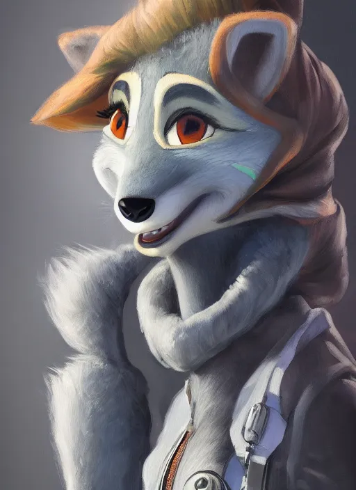 Image similar to oil painting detailed full body of anthromorphic female wolf, in style of zootopia, zootopia, zootopia, fursona, furry, furaffinity, 4 k, deviantart, furry art, fursona art, wearing astronaut outfit, in style of zootopia, wolf fursona, cyberpunk, female, detailed feminine face,