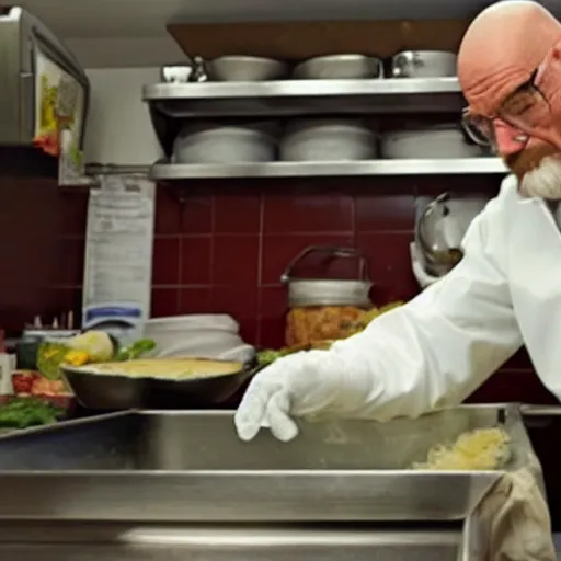 Prompt: walter white cooks an oversized lasagna