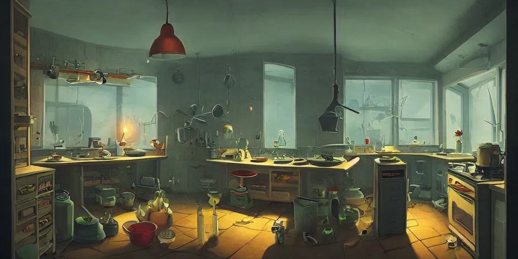 Prompt: minimalistic kitchen dim lit by a candle simon stalenhag gerald brom, fisheye camera, extreme perspective