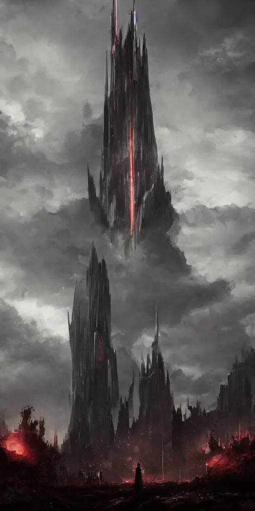 Image similar to the dark tower looms at the axis of worlds, artstation.