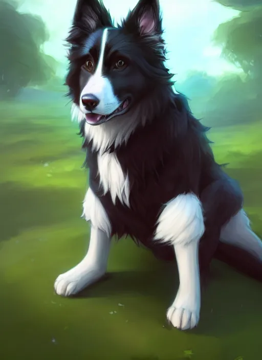 Image similar to wide angle beautiful full body portrait of a cute male anthropomorphic border collie fursona wearing a t - shirt and posing in front of a park, character design by charlie bowater, henry asencio, and ross tran, furry art, furaffinity, scenic background, beautiful, glamor pose, detailed, aesthetic, trending on artstation