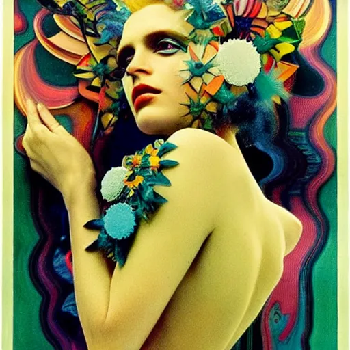 Image similar to beautiful futuristic super schizophrenic psychedelic superhuman, lush detail, national geographic, steichen, herb ritts, roger deakins, anne leibovitz, alphonse mucha, sharp focus, ultra - realistic, hyperrealism, isotonic