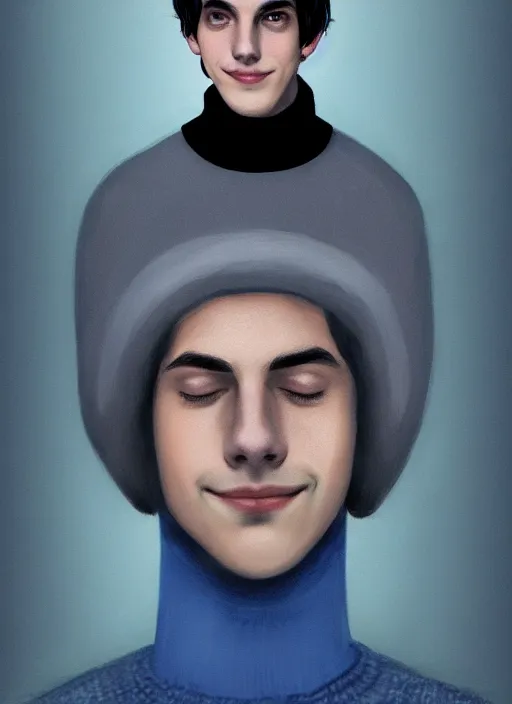 Image similar to portrait of teenage jughead jones wearing a light grey crown, crown, blue turtleneck, closed eyes, eyes closed, smile, crown, black hair, intricate, elegant, glowing lights, warm lighting, highly detailed, digital painting, artstation, concept art, smooth, sharp focus, illustration, art by wlop, mars ravelo and greg rutkowski