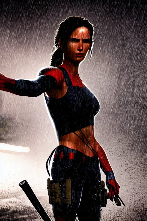 Image similar to cinematic of lara croft as spiderman, dramatic rain, 8 k, moody lighting