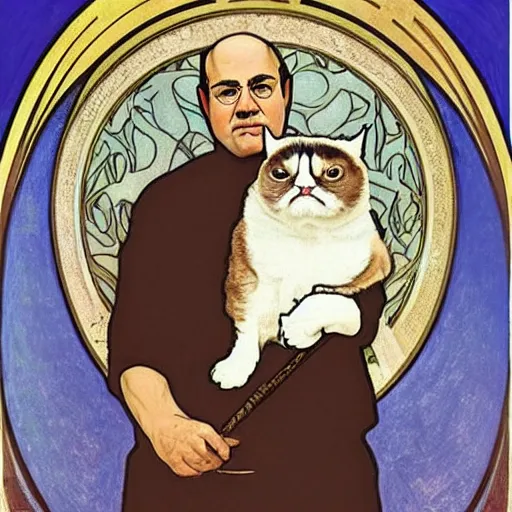 Image similar to “ george costanza holding grumpy cat, art nouveau, gold - leaf, very detailed, high quality, by alphonse mucha ”