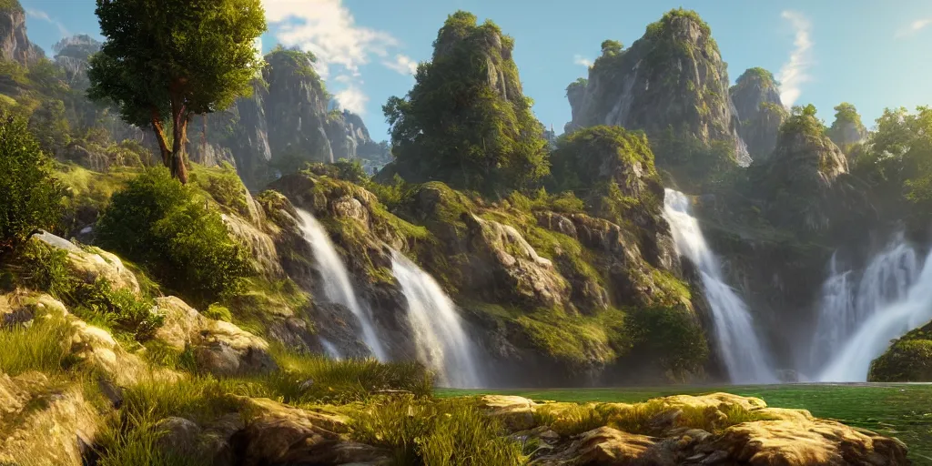 Image similar to stunning landscape, waterfall, 8 k uhd, unreal engine, octane render in the artstyle of kuindzhi