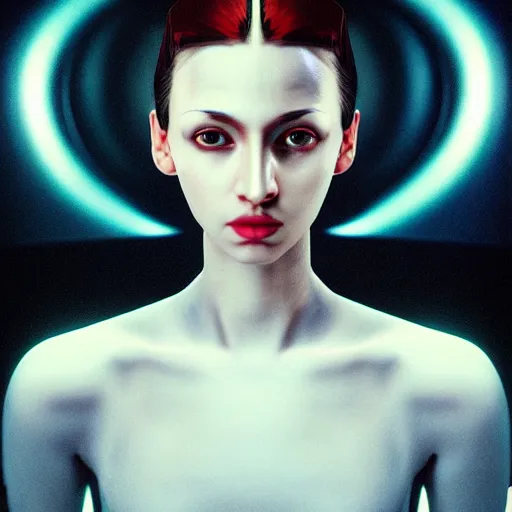 Prompt: hyperrealism aesthetic photography in caravaggio style quntum computer simulation visualisation of parallel universe cyberpunk scene with beautiful detailed ukrainian woman with detailed face and perfect eyes wearing ukrainian traditional shirt and wearing retrofuturistic sci - fi neural interface designed by josan gonzalez. hyperrealism photo on pentax 6 7, by giorgio de chirico volumetric natural light