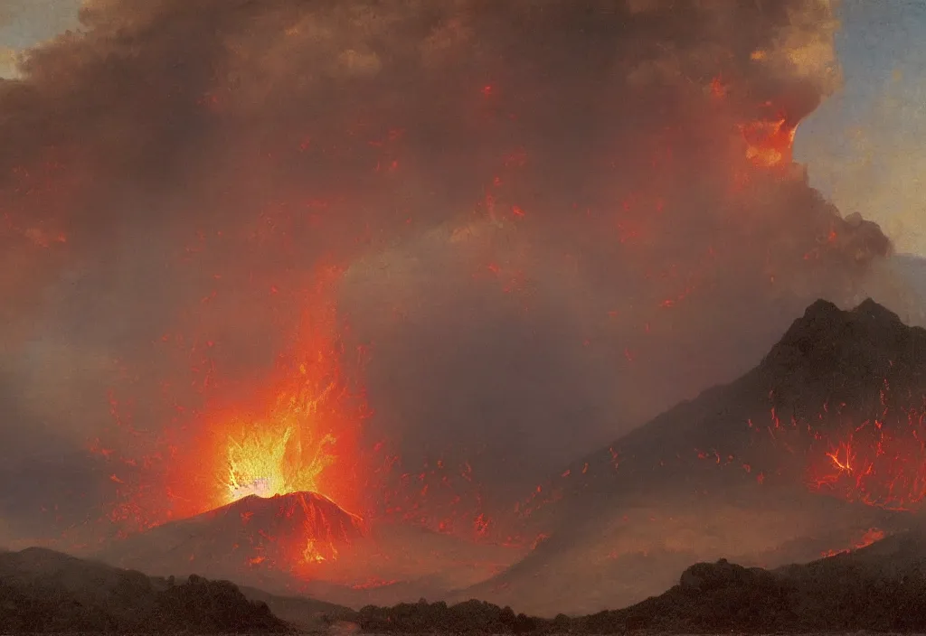 Image similar to a beautiful painting of a volcano oozing lava, pyroclastic clouds forming by albert bierstadt, high resolution, excellent contrast, morning