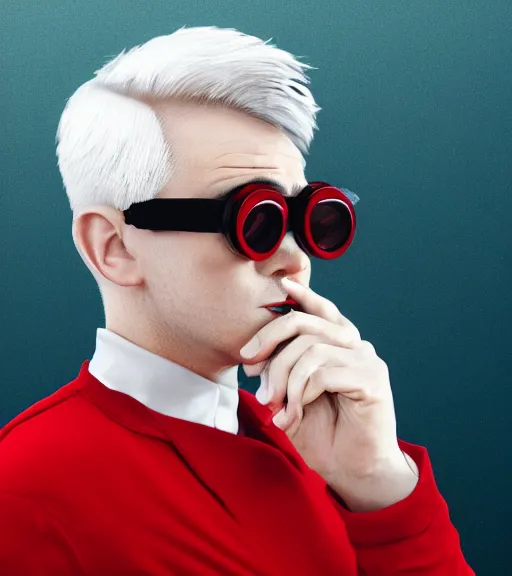 Image similar to young man in red jacket and white shirt, white hair, round goggles, smoking cigarette, character portrait, sharp focus, illustration, high detailed