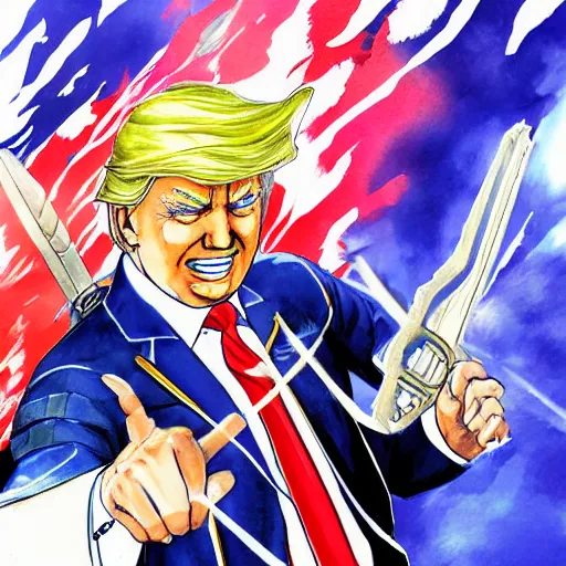 Prompt: concept art of donald trump as a fire emblem character, colour splash, detailed full body watercolour illustration by Yusuke Kozaki and Hidari