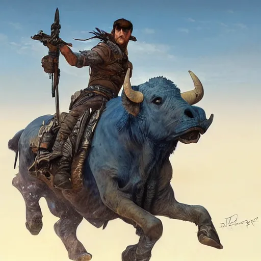 Prompt: Rugged ranger riding a blue bull in the desert, D&D, fantasy, intricate, elegant, highly detailed, digital painting, artstation, concept art, smooth, sharp focus, illustration, art by artgerm and greg rutkowski and alphonse mucha