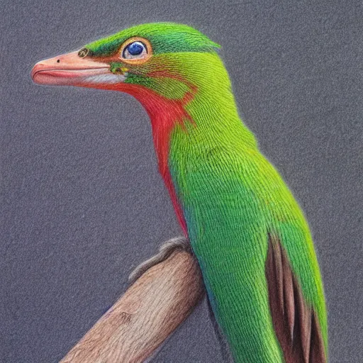 Image similar to a realistic coloured pencil drawing of a quetzal, realistic graphite, highly detailed, artstation, fine art, white background