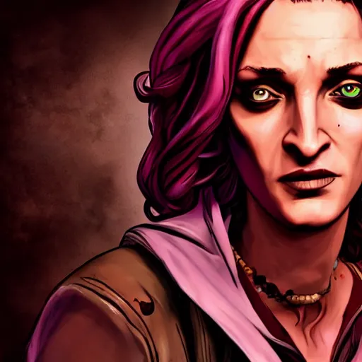 Prompt: uma thurman portrait, borderlands, tales from the borderlands, the wolf among us, comic, cinematic lighting, studio quality, 8 k