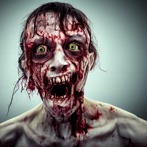 Image similar to a very realistic and scary portrait of a zombie man, flesh get down, eye is falling as jaw, very detailed photography, 4k