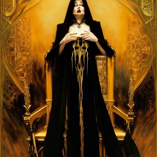 Image similar to perfectly centered portrait of attractive vampire queen in gold gothic robe sitting on a throne of black bones, painting by gaston bussiere, craig mullins, j. c. leyendecker, 8 k, mid shot