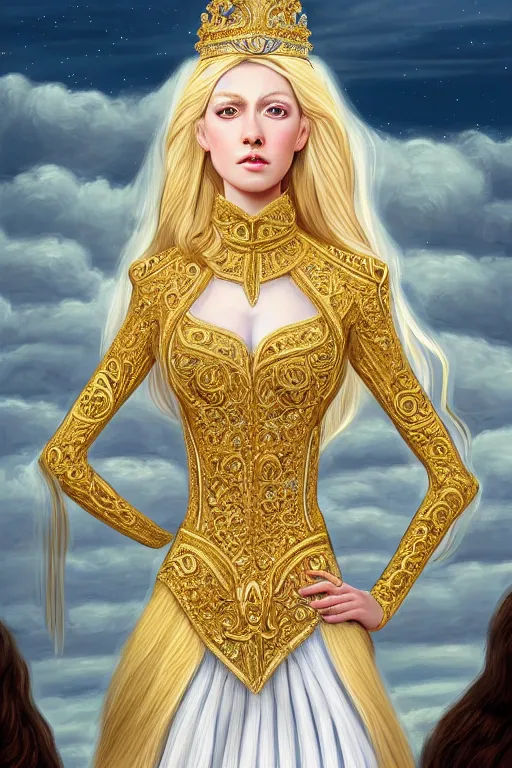 Prompt: portrait of a humanoid princess with long blonde hair, standing next to a beautiful view, ornate white officers outfit with gold embellishments, intricate, elegant, highly detailed, digital painting, artstation, concept art, smooth, sharp focus, illustration, art by van gough, 8 k